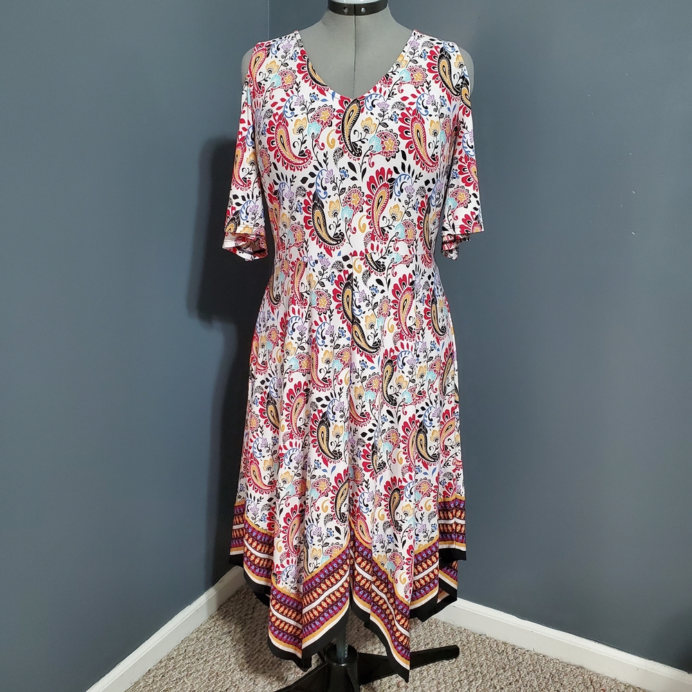Beige by eci Asymmetrical Paisley Dress - Multicolor Cold Shoulder Size Large